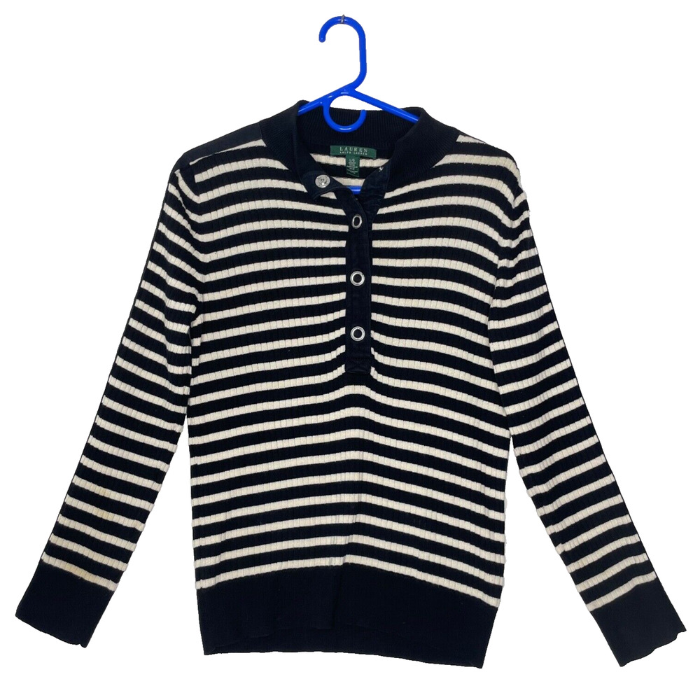 Ralph Lauren Sweater Womens L Henley Black White Stripe Prep Classic Minimalist